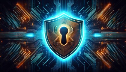 glowing digital shield with keyhole symbol representing cybersecurity protection on a dark futuristic circuit board background