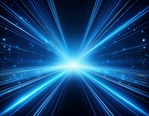 abstract blue light beams converging in the center with glowing particles on a dark background creating a futuristic and energetic atmosphere