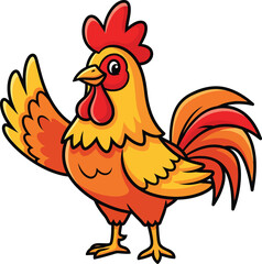 Friendly cartoon rooster with a vibrant red comb and yelloworange feathers standing and waving a wing.