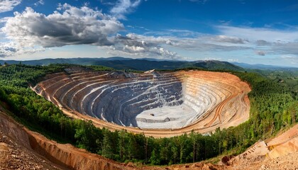 large open pit mine with terraced circular benches surrounded by forest and distant hills under a partly cloudy sky
