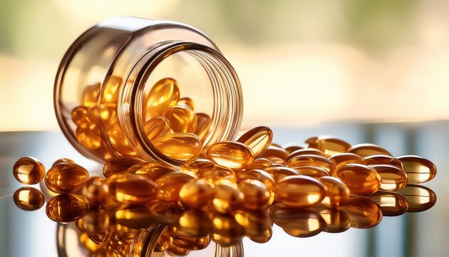 close up of translucent golden soft gel capsules spilling out of a small glass jar on a smooth reflective surface clean and bright background
