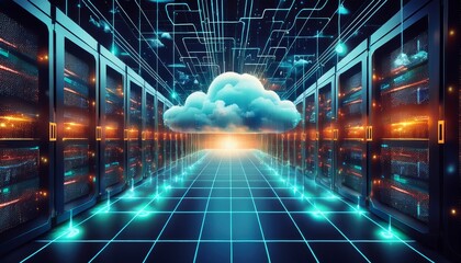 cloud computing visual servers and data transfer to the cloud connection between data center and cloud network in conceptual image