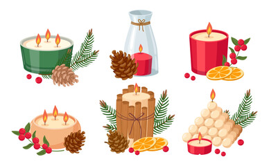 Christmas decorated candles. Cartoon xmas wax candles, winter holidays cozy aroma candles with spruce branch and fir cones flat vector illustration set. Xmas candles decor on white