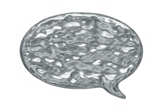 Liquid mercury speech bubble concept reflecting communication, dialogue, and futuristic digital technology on transparent background