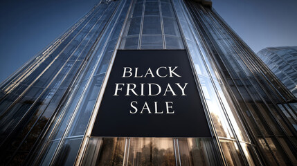 Black Friday sale sign on a modern glass building in the city just before sunset