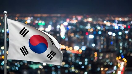 South Korea flag flapping in wind, over city lights at night. South Korean national pride concept with blurred cityscape bokeh.