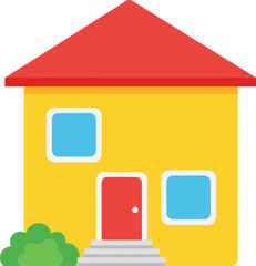 Simple cartoon house illustration with a bright yellow facade red roof and blue windows.