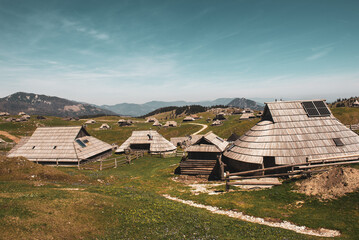 Mountain village in Alps, wooden houses in traditional style, Velika Planina, Kamnik, Slovenia