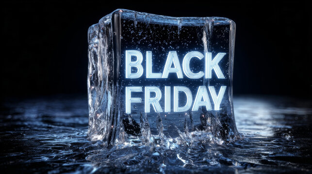 Lighted sign of Black Friday frozen in ice with water splashing around during a dark setting