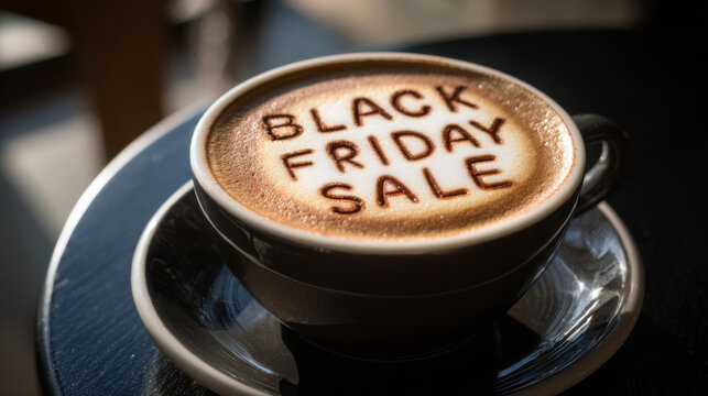 Hot coffee with Black Friday sale message displayed on frothy surface in cozy cafe setting