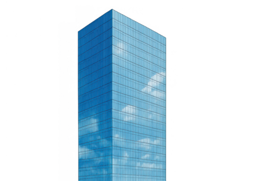 Modern corporate skyscraper featuring blue glass facade reflecting sky and clouds, transparent background cutout