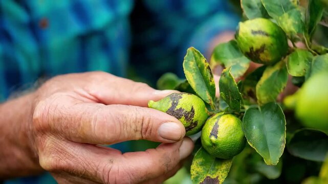 Medium shot of a lemon tree with visible leaf spots being examined for disease diagnosis to prevent spread and promote healthy growth.