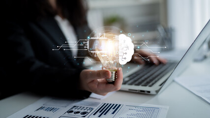 Concept of artificial intelligence and machine learning. A central processor transfers information to a cloud brain, representing a global neural network and deep learning. Fermion