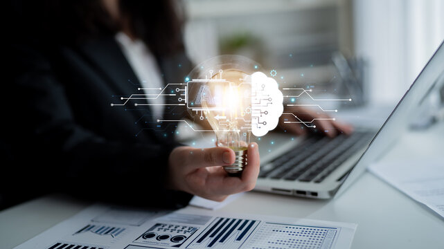 Concept of artificial intelligence and machine learning. A central processor transfers information to a cloud brain, representing a global neural network and deep learning. Fermion