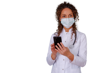 Female doctor in surgical mask using smartphone for telehealth consultation, providing medical care and online health support