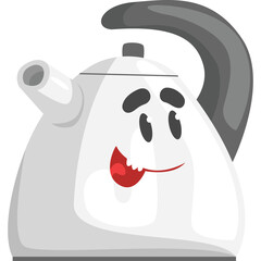 A Whimsical Cartoon Kettle Character With a Happy Smiling Face and a Grey Handle and Spout on a Transparent Background