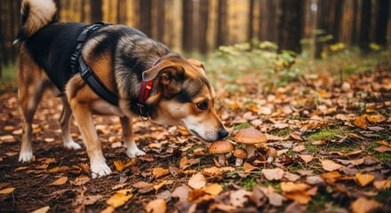 Dog sniffing mushrooms on forest floor during autumn season  