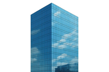 Fototapeta premium Glass skyscraper building rising against a blue sky, reflecting clouds and city elements, representing business and modern architecture