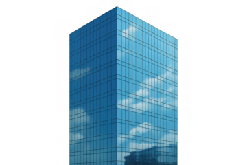 Glass skyscraper building rising against a blue sky, reflecting clouds and city elements, representing business and modern architecture