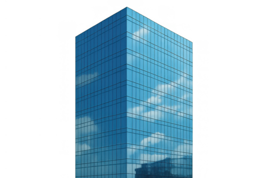 Glass skyscraper building rising against a blue sky, reflecting clouds and city elements, representing business and modern architecture