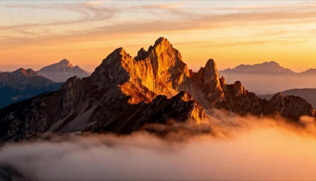 Cinematic sunrise over mountain range with golden light hitting peaks, soft moving clouds, perfect for mountain day