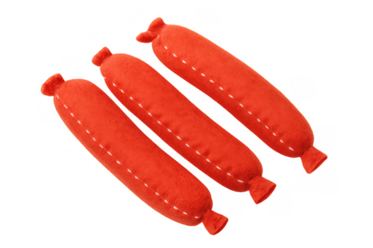 Three vibrant red felt hot dog toys, hand-sewn with white stitches, depicting a child's play food item on transparent background