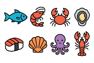 A vibrant collection of hand-drawn cartoon illustrations showcasing a variety of popular seafood items in a playful style.