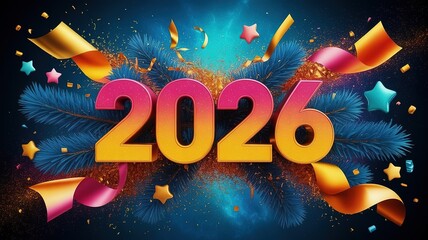 Happy New Year 2026 Celebration Design with Colorful Sparkles and Festive Confetti for Holiday Greetings and Party Invitations Vibrant New Year's Eve Party Background