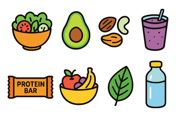 A colorful assortment of hand-drawn icons representing healthy food and beverages, perfect for nutrition and wellness themes.