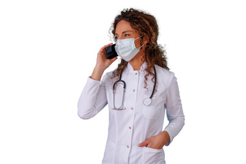 Female doctor wearing face mask and stethoscope making a phone call, providing medical consultation, transparent background
