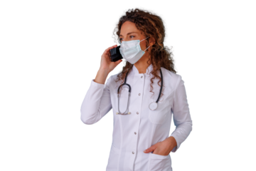 Female doctor wearing face mask and stethoscope making a phone call, providing medical consultation, transparent background