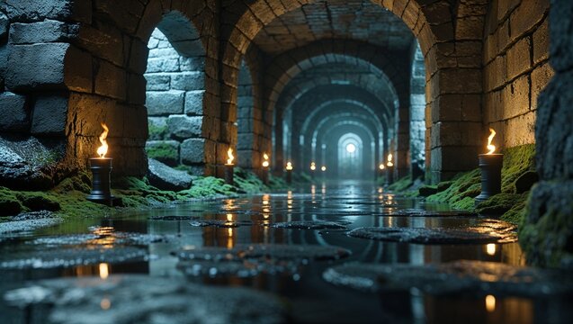 medieval dungeon corridor with wet reflective stone surfaces, moss and dim torchlight. realistic 3d environment with humidity and atmospheric depth. 