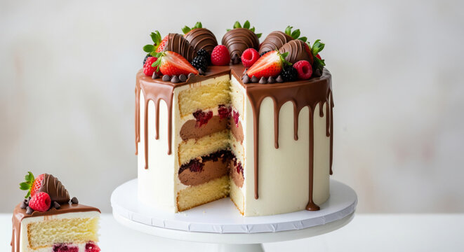A beautiful two-tier vanilla cake with chocolate mousse filling, white buttercream, and dark chocolate drip.