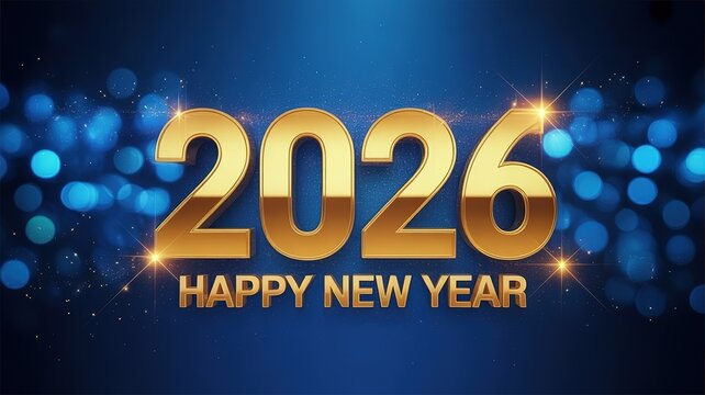 Shiny Golden 2026 Happy New Year Greeting Card with Sparkling Blue Bokeh Background Ideal for Holiday Celebrations and Festive Design Elements