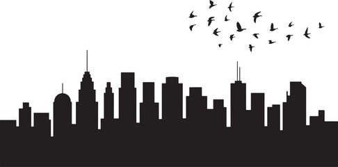 Fototapeta premium Black silhouette of a city skyline with a flock of birds flying above white