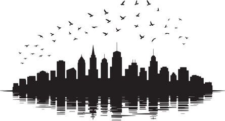 Fototapeta premium Black silhouette of a city skyline with birds flying above and reflection on water black and white