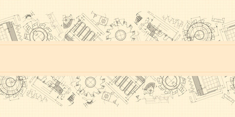 Mechanical engineering drawings on sepia background. Cutting tools, milling cutter. Technical Design. Cover. Blueprint. Horizontal seamless pattern. Vector illustration.
