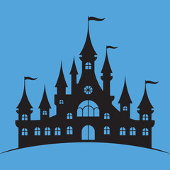 Fototapeta premium Black silhouette of a fairytale castle with multiple towers and flags against a bright blue background
