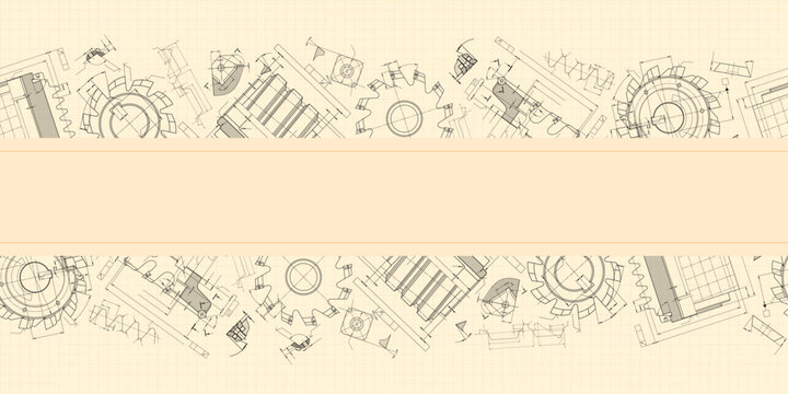 Mechanical engineering drawings on sepia background. Cutting tools, milling cutter. Technical Design. Cover. Blueprint. Horizontal seamless pattern. Vector illustration.