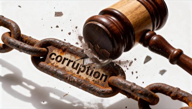 minimalist wooden gavel breaking rusty corruption chain, legal justice concept, anti-corruption symbolic illustration, powerful government reform visual