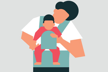 Stylized vector illustration of adult holding baby in front carrier, showing affection. Modern geometric design ideal for parenting themes, caregiving visuals, family bonding, and lifestyle artwork.