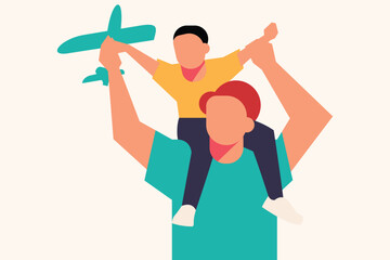 Stylized vector illustration of adult carrying child on shoulders with toy airplane. Joyful and playful design perfect for parenting themes, family bonding, childhood memories, and lifestyle artwork.