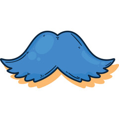 Blue cartoon mustache with orange shadow on transparent background representing a playful accessory