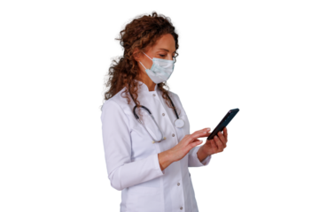 Female doctor in lab coat and mask using smartphone for telemedicine or health app, digital medical record, transparent background