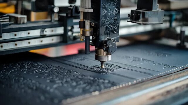 Closeup view of heat press embossing leather with precise machinery applying raised patterns highlighting intricate design and modern craftsmanship techniques.
