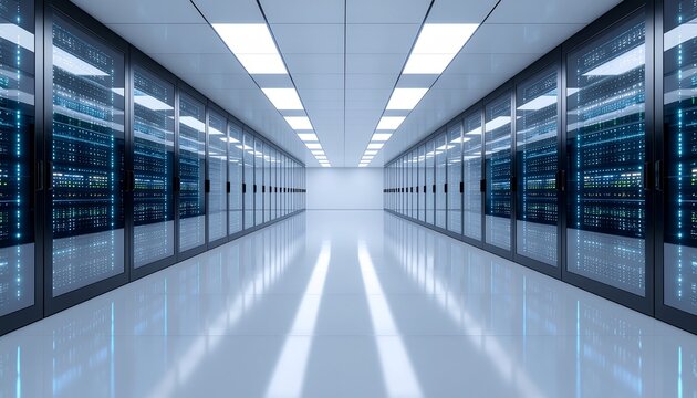 A long corridor in a modern data center with rows of glowing blue server racks reflecting on a polished white floor