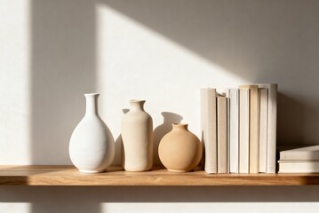 Beautiful, neutral-toned interior scene featuring simple ceramic vases and books on a minimalist wooden shelf. Ideal for home decor, lifestyle, interior design, and modern aesthetic use.