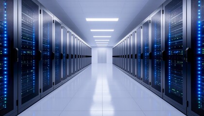Symmetrical view down a brightly lit aisle in a large server farm, showcasing the powerful infrastructure for big data and cloud technology