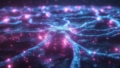 Abstract visualization of a synaptic network with glowing nodes, representing artificial intelligence, machine learning, and future technology