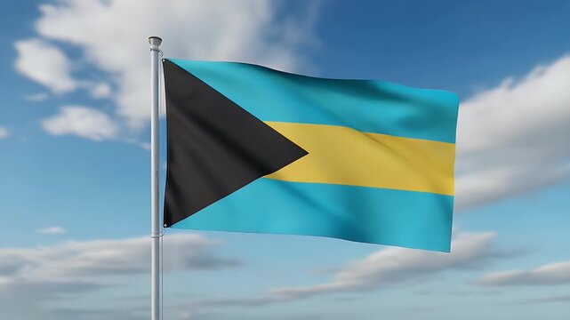 Dynamic Bahamian flag waves proudly against a vibrant blue sky with fluffy clouds, symbolizing national pride and freedom